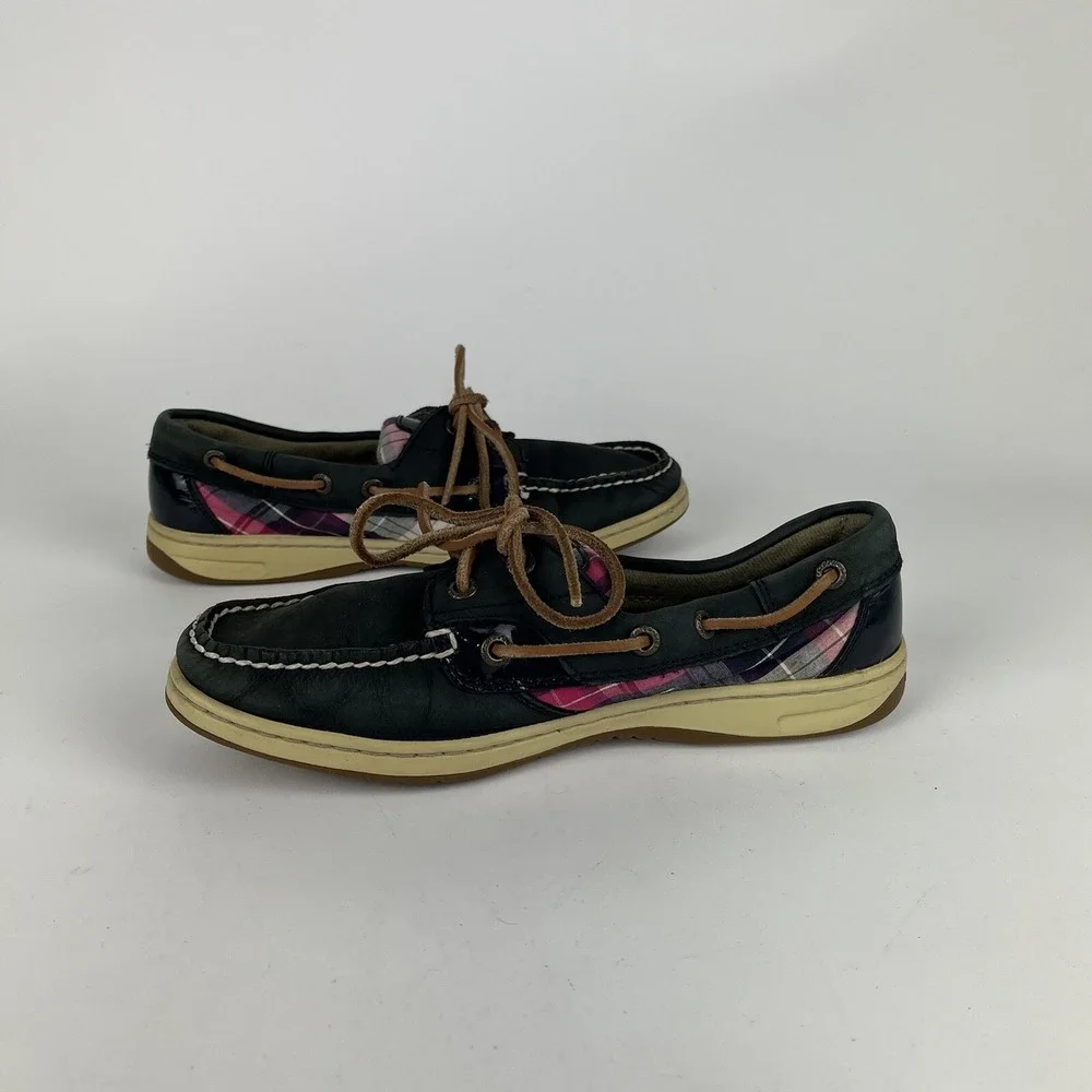 Sperry Top-Sider Koifish Womens‎ 7.5 Blue Plaid Boat Shoe Leather Preppy Deck